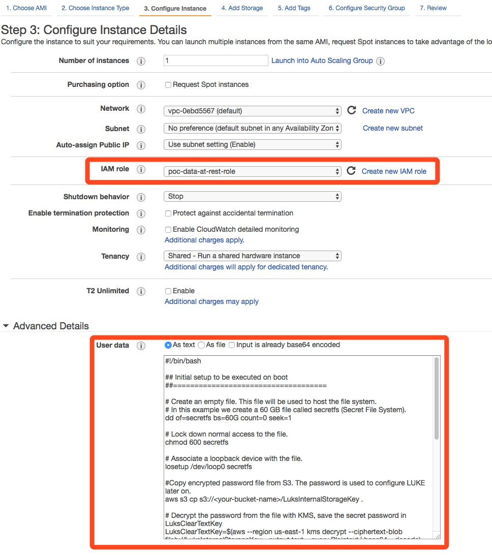Screenshot of AWS console. The IAM role section is highlighted, showing the words 'poc-data-at-rest-role'. The Advanced Details section is expanded and highlighted with the 'As Text' radio button selected.