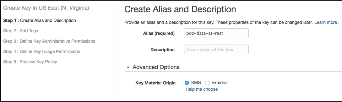 Screenshot of the AWS console: Create Alias and Description